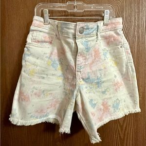 NWOT Cat & Jack, white denim with pastel paint splashes, frayed hem, XL